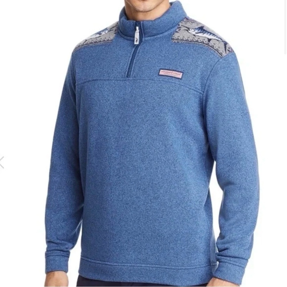 Vineyard Vines MENS Blue Fleece Lined 3/4 Zip Sweater Swordfish Print  - size L